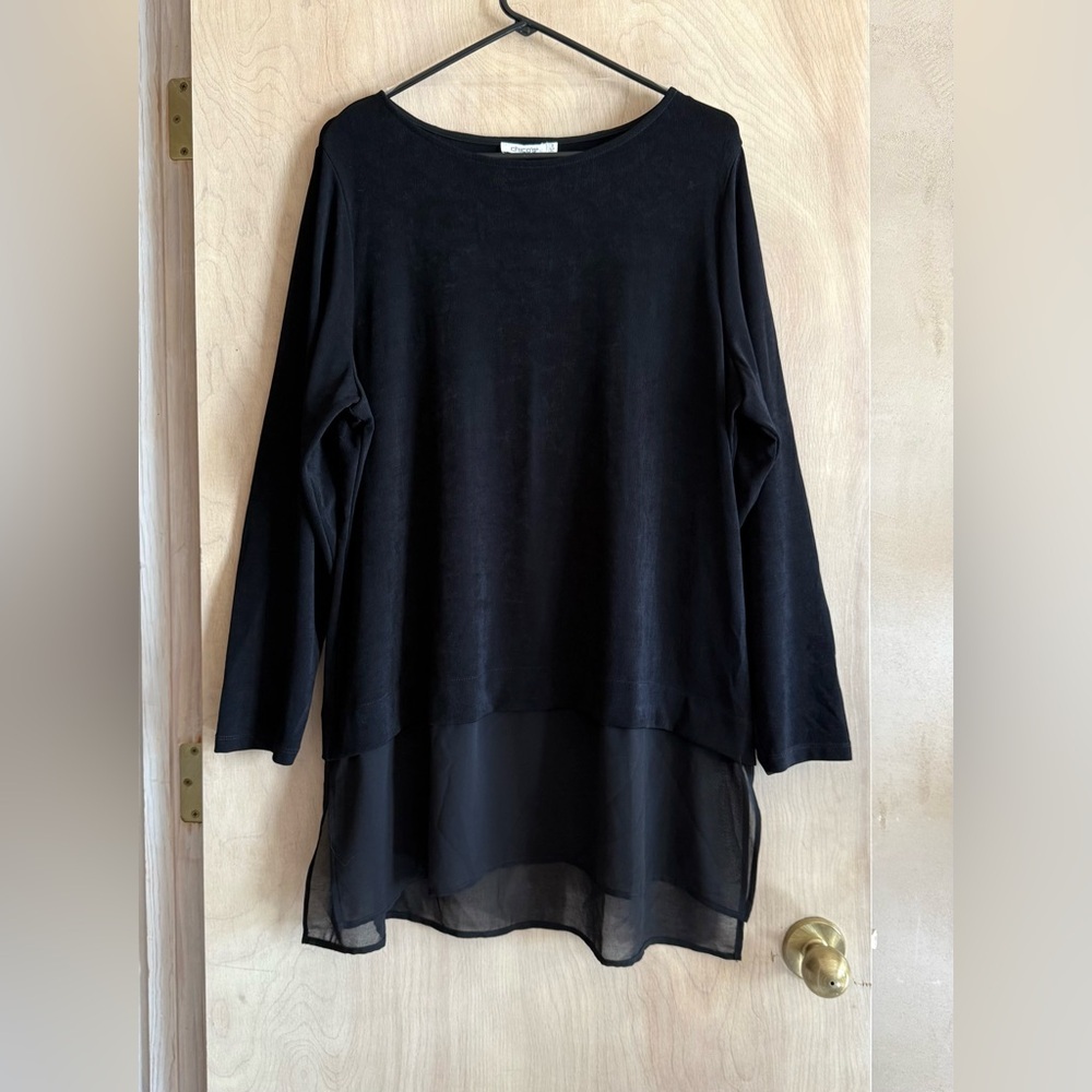 Chico’s Travelers Black Stretch Tunic Top Sheer Hem Size 3 XL Long Sleeve NWT